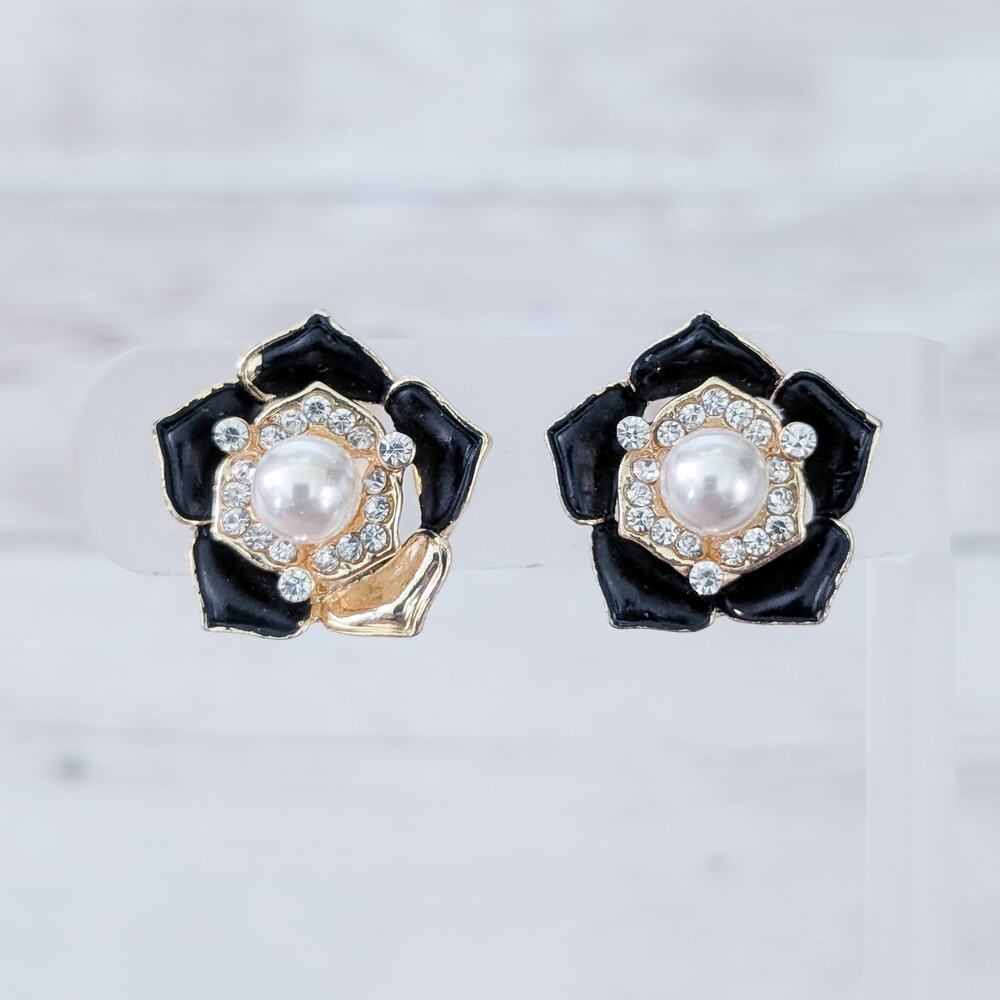 Vintage Clip On Earrings Flower Faux Pearl, Black Petals - Condition Issues